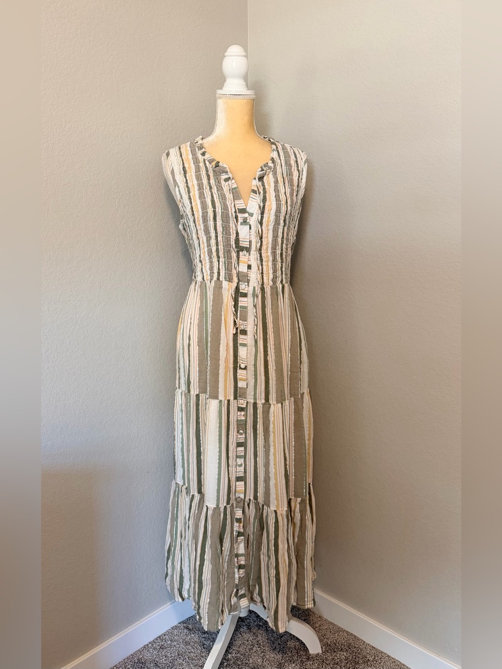 Linda Anderson Green Striped Smocked Tiered Maxi Dress XL